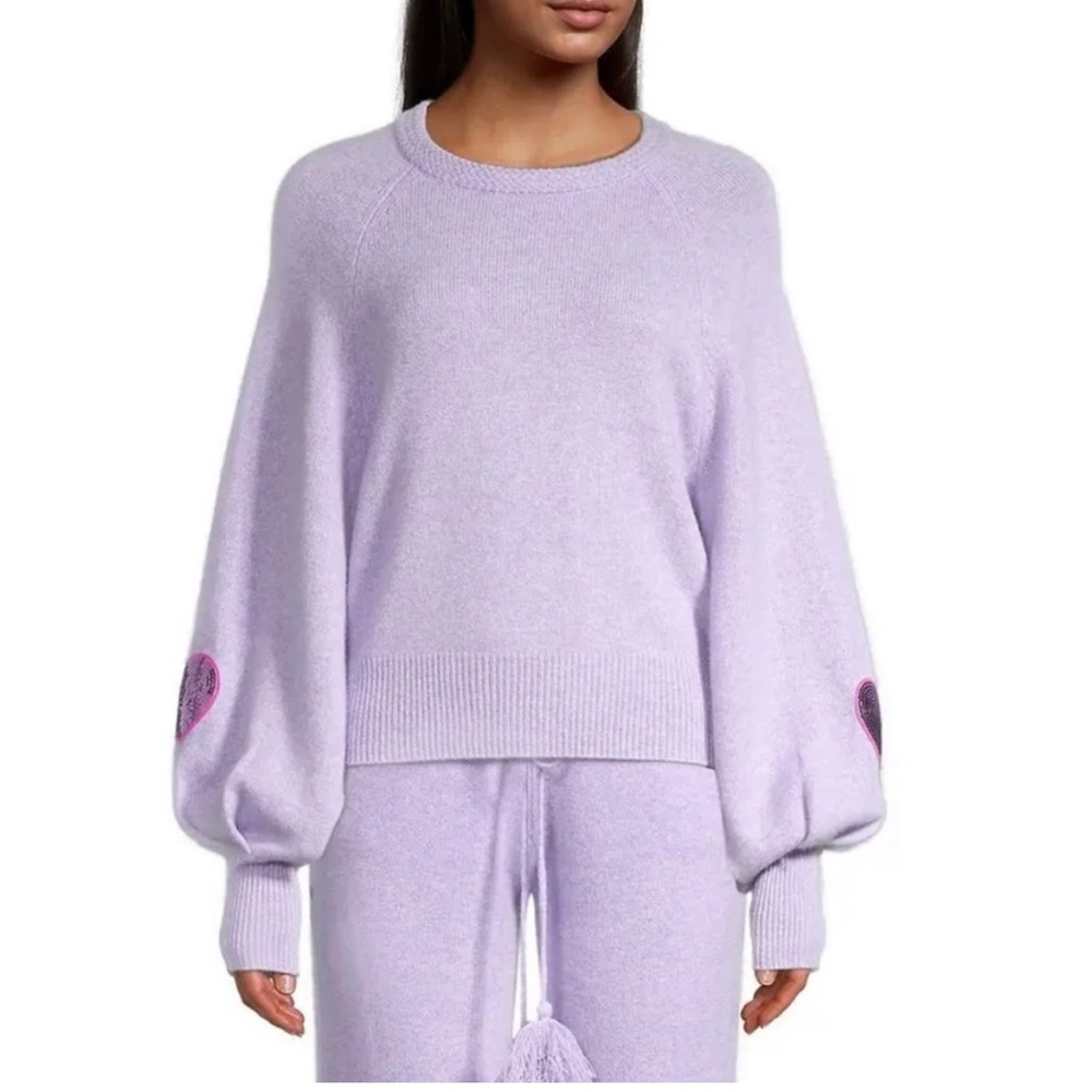 LoveShackFancy Lilac Crewneck Sweater with Heart Elbow Patches